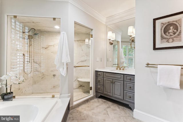 2740 Hunter Mill Rd, Oakton, VA 22124 - full bathroom featuring crown molding, vanity, a marble finish shower, a bath, and baseboards
