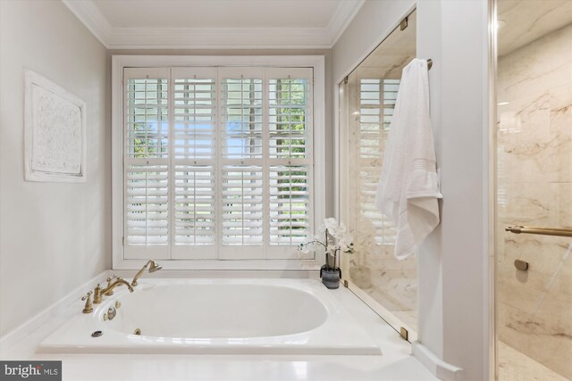 2740 Hunter Mill Rd, Oakton, VA 22124 - full bathroom with a garden tub, crown molding, and a stall shower