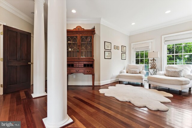 2740 Hunter Mill Rd, Oakton, VA 22124 - sitting room featuring ornate columns, dark wood-style flooring, ornamental molding, recessed lighting, and baseboards