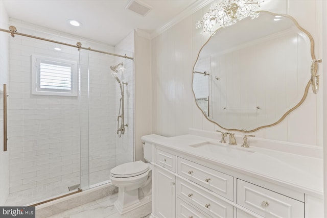 2740 Hunter Mill Rd, Oakton, VA 22124 - bathroom with ornamental molding, a stall shower, vanity, toilet, and marble look tiles