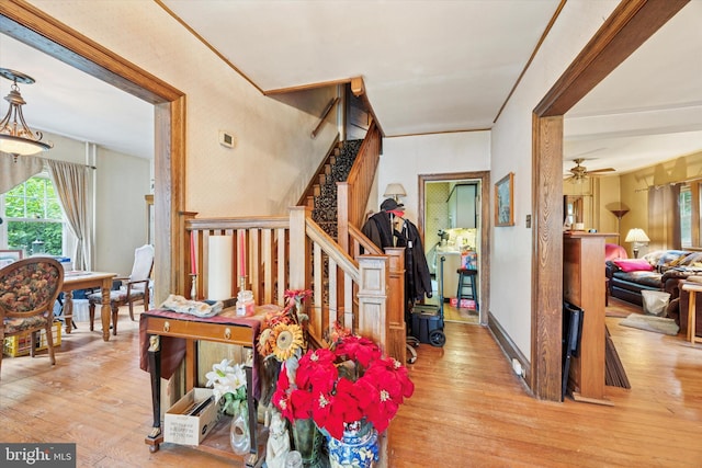 324 Cameron Rd, Willow Grove, PA 19090 - stairs with hardwood / wood-style floors and a ceiling fan