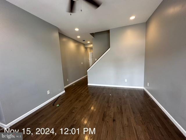 2468 Greenmount Ave, Baltimore, MD 21218 - spare room with a ceiling fan, wood finished floors, baseboards, recessed lighting, and stairs