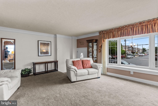 3778 Westhampton Dr, Philadelphia, PA 19154 - carpeted living area featuring a textured ceiling, crown molding, and plenty of natural light