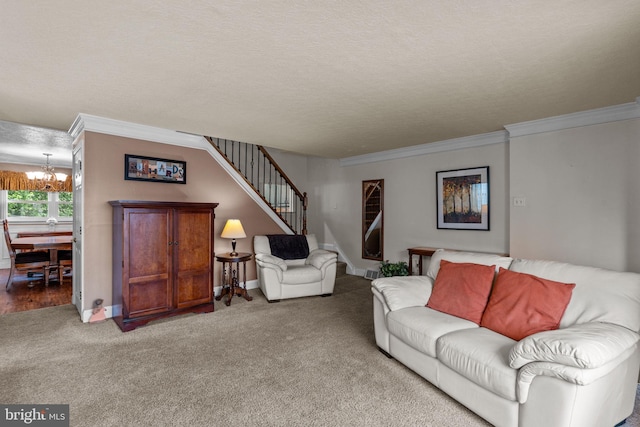 3778 Westhampton Dr, Philadelphia, PA 19154 - living room with a chandelier, carpet, ornamental molding, stairway, and baseboards
