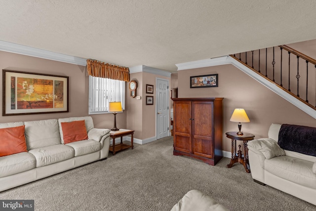 3778 Westhampton Dr, Philadelphia, PA 19154 - carpeted living room with crown molding, a textured ceiling, stairs, and baseboards