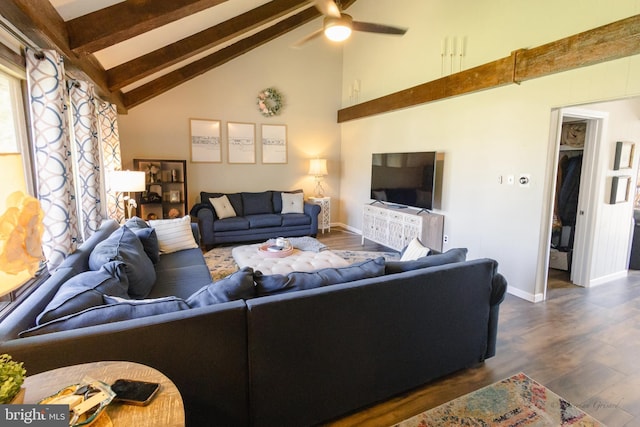 5143 Venice Ave, Hammonton, NJ 08037 - living area featuring beam ceiling, a ceiling fan, dark wood-style flooring, baseboards, and high vaulted ceiling