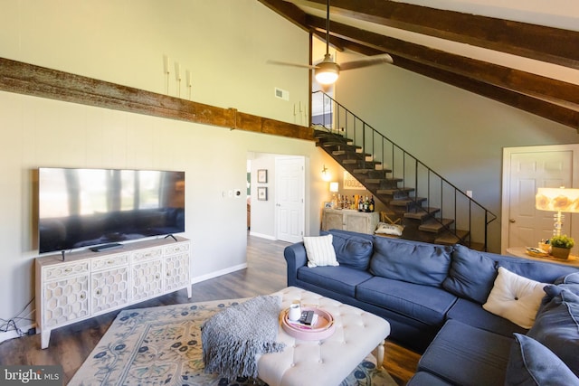 5143 Venice Ave, Hammonton, NJ 08037 - living room with stairway, beam ceiling, high vaulted ceiling, wood finished floors, and baseboards
