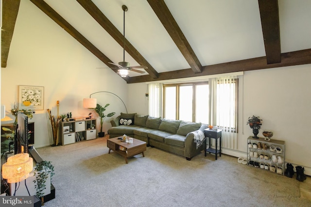 5143 Venice Ave, Hammonton, NJ 08037 - living room featuring beamed ceiling, carpet floors, ceiling fan, and high vaulted ceiling