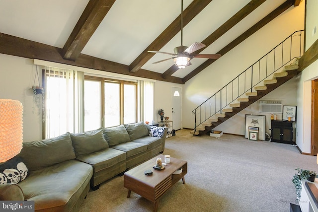 5143 Venice Ave, Hammonton, NJ 08037 - carpeted living room with stairs, beam ceiling, a ceiling fan, high vaulted ceiling, and an AC wall unit