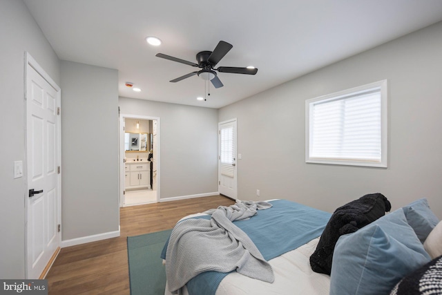 5300 Merceron Ave, Baltimore, MD 21207 - bedroom with wood finished floors, baseboards, recessed lighting, connected bathroom, and ceiling fan