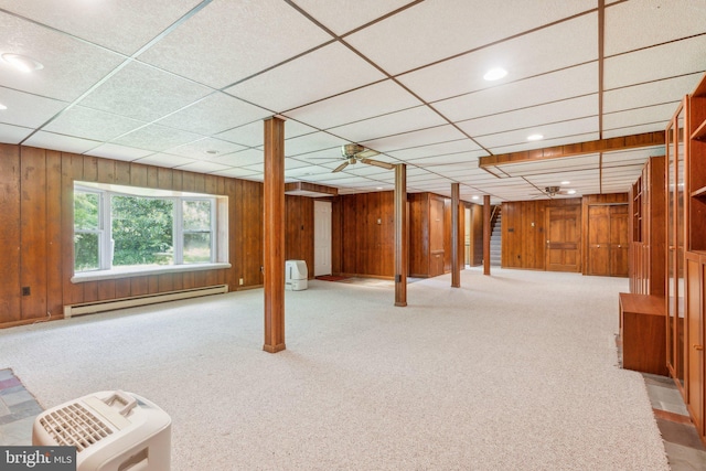 26140 Mullinix Mill Rd, Mount Airy, MD 21771 - basement featuring baseboard heating, wood walls, carpet, a paneled ceiling, and recessed lighting
