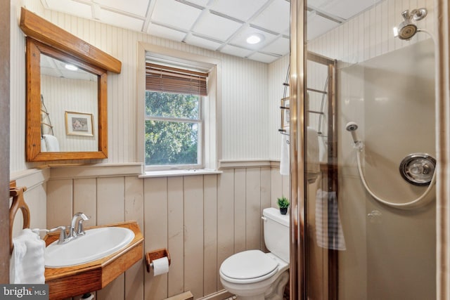 26140 Mullinix Mill Rd, Mount Airy, MD 21771 - bathroom featuring a sink, toilet, a stall shower, and wainscoting
