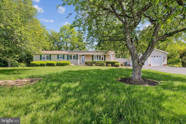 26140 Mullinix Mill Rd, Mount Airy, MD 21771 - ranch-style house with asphalt driveway, a front yard, a garage, and solar panels