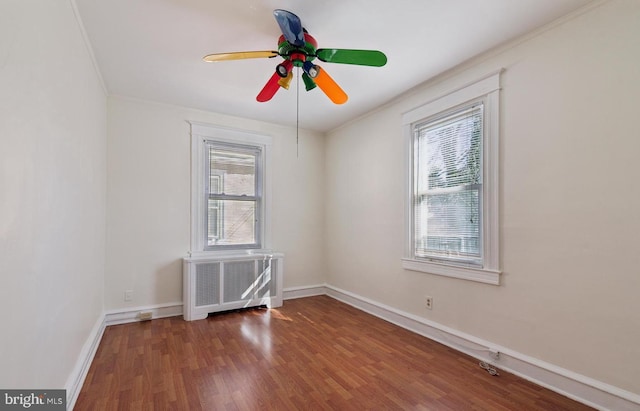 527 Brookside Ave, Lansdowne, PA 19050 - empty room featuring radiator heating unit, ceiling fan, wood finished floors, ornamental molding, and baseboards