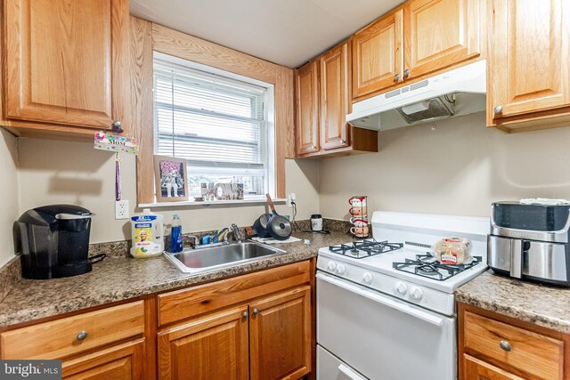 1227 Eddystone Ave, Crum Lynne, PA 19022 - kitchen with white gas range, under cabinet range hood, and a sink