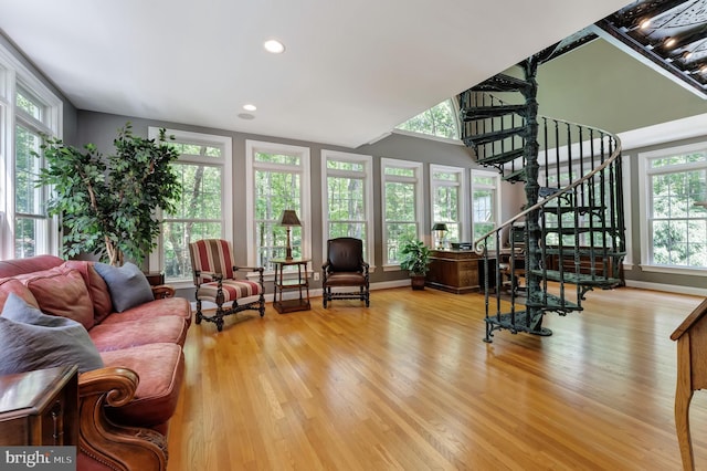 5026 Huntwood Manor Dr, Fairfax, VA 22030 - living room with stairs, wood finished floors, recessed lighting, and baseboards