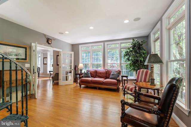 5026 Huntwood Manor Dr, Fairfax, VA 22030 - living area with recessed lighting, light wood-type flooring, baseboards, and stairs