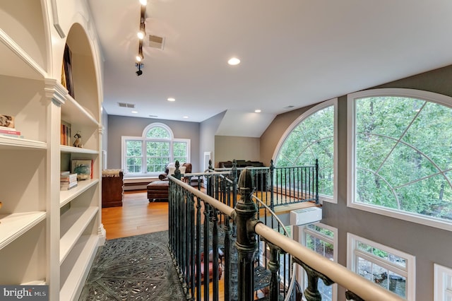 5026 Huntwood Manor Dr, Fairfax, VA 22030 - corridor featuring an upstairs landing, wood finished floors, recessed lighting, and track lighting