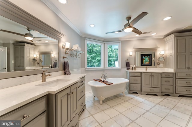 5026 Huntwood Manor Dr, Fairfax, VA 22030 - bathroom with a ceiling fan, crown molding, two vanities, a freestanding bath, and tile patterned floors