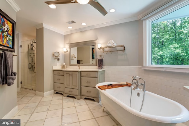 5026 Huntwood Manor Dr, Fairfax, VA 22030 - bathroom with a freestanding bath, vanity, a shower stall, a ceiling fan, and crown molding