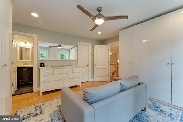 5026 Huntwood Manor Dr, Fairfax, VA 22030 - living room with ceiling fan, light wood-style flooring, and recessed lighting