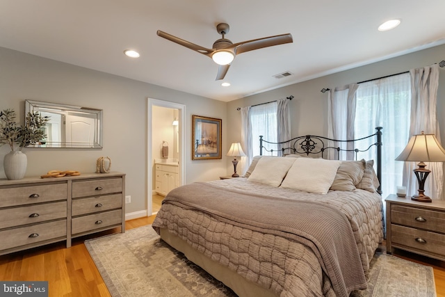 5026 Huntwood Manor Dr, Fairfax, VA 22030 - bedroom with light wood-style flooring, ensuite bath, recessed lighting, and a ceiling fan