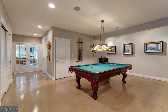 5026 Huntwood Manor Dr, Fairfax, VA 22030 - playroom featuring concrete floors, baseboards, recessed lighting, billiards, and french doors