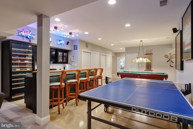 5026 Huntwood Manor Dr, Fairfax, VA 22030 - playroom featuring bar, recessed lighting, beverage cooler, and billiards
