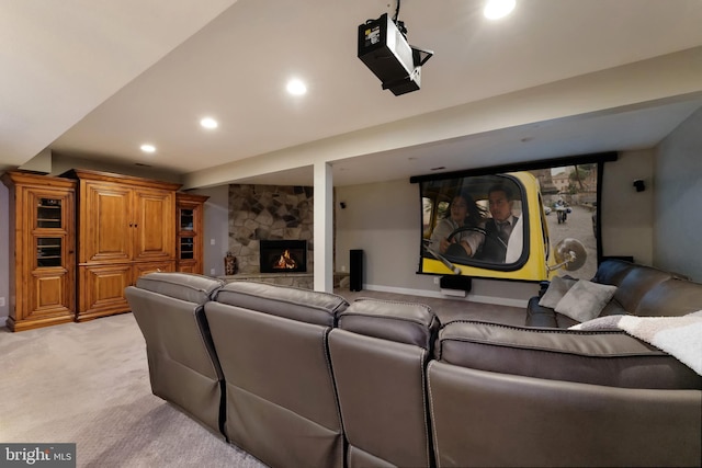 5026 Huntwood Manor Dr, Fairfax, VA 22030 - home theater with a stone fireplace, recessed lighting, and light carpet