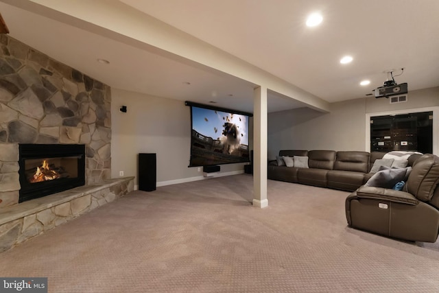5026 Huntwood Manor Dr, Fairfax, VA 22030 - cinema featuring carpet flooring, baseboards, a fireplace, and recessed lighting