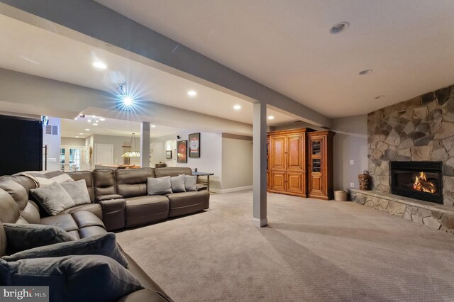 5026 Huntwood Manor Dr, Fairfax, VA 22030 - living area featuring light carpet, recessed lighting, a fireplace, and baseboards