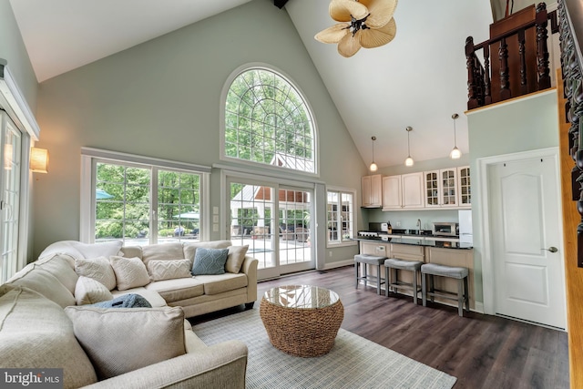 5026 Huntwood Manor Dr, Fairfax, VA 22030 - living room with high vaulted ceiling, dark wood finished floors, and a ceiling fan