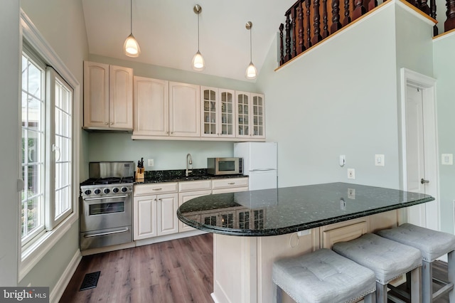 5026 Huntwood Manor Dr, Fairfax, VA 22030 - kitchen featuring stainless steel appliances, glass insert cabinets, a breakfast bar, plenty of natural light, and high vaulted ceiling