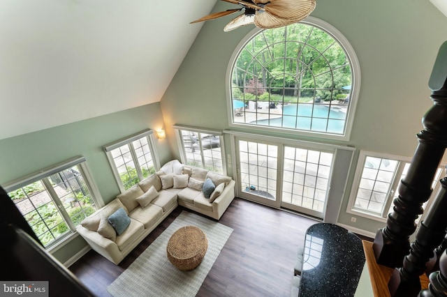 5026 Huntwood Manor Dr, Fairfax, VA 22030 - living area with high vaulted ceiling, a ceiling fan, healthy amount of natural light, and wood finished floors