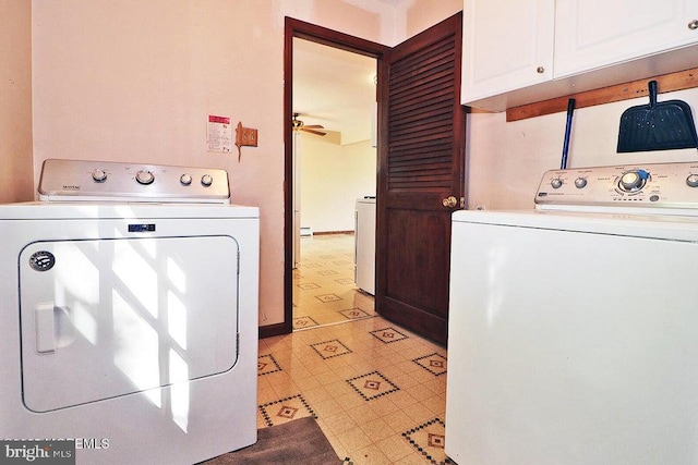 50 Nautilus Dr, Barnegat, NJ 08005 - laundry room featuring washer and clothes dryer, cabinet space, light floors, a ceiling fan, and a baseboard radiator
