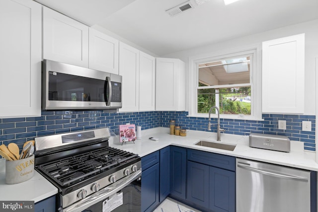 2318 Cloville Ave, Baltimore, MD 21214 - kitchen featuring stainless steel appliances, a sink, white cabinetry, and backsplash