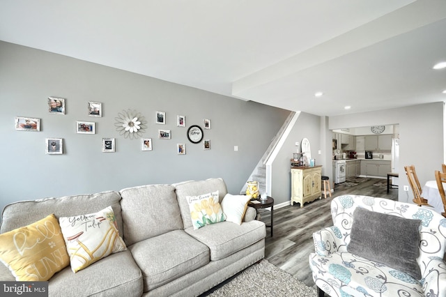 310 E S St, York, PA 17403 - living room featuring dark wood finished floors, stairs, recessed lighting, and baseboards