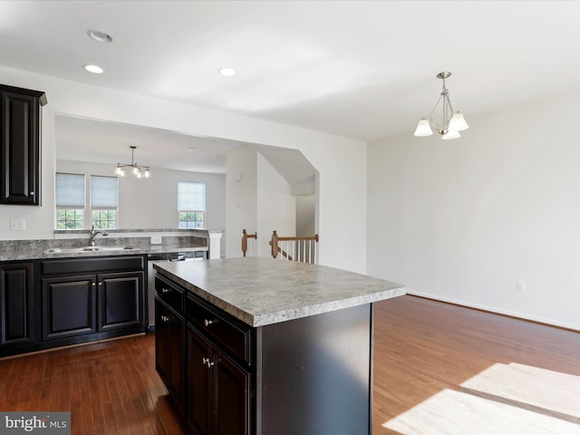 100 Norwood Dr, Falling Waters, WV 25419 - kitchen with a chandelier, a sink, dark wood finished floors, a center island, and decorative light fixtures