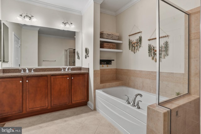 11249 Chase St Unit 100, Fulton, MD 20759 - bathroom with double vanity, a stall shower, a garden tub, tile patterned floors, and crown molding