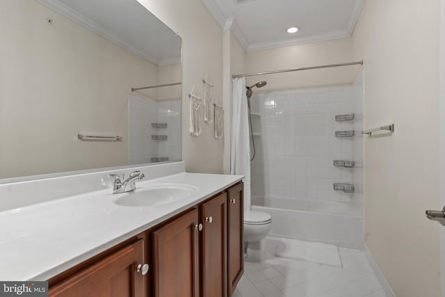 11249 Chase St Unit 100, Fulton, MD 20759 - full bathroom with vanity, tile patterned floors, toilet, ornamental molding, and shower / bathtub combination with curtain