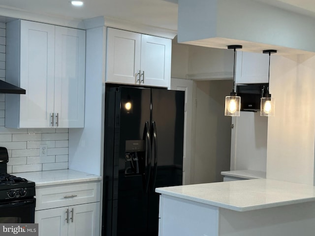 4304 Oakmont St, Philadelphia, PA 19136 - kitchen featuring black appliances, decorative backsplash, white cabinetry, a peninsula, and recessed lighting