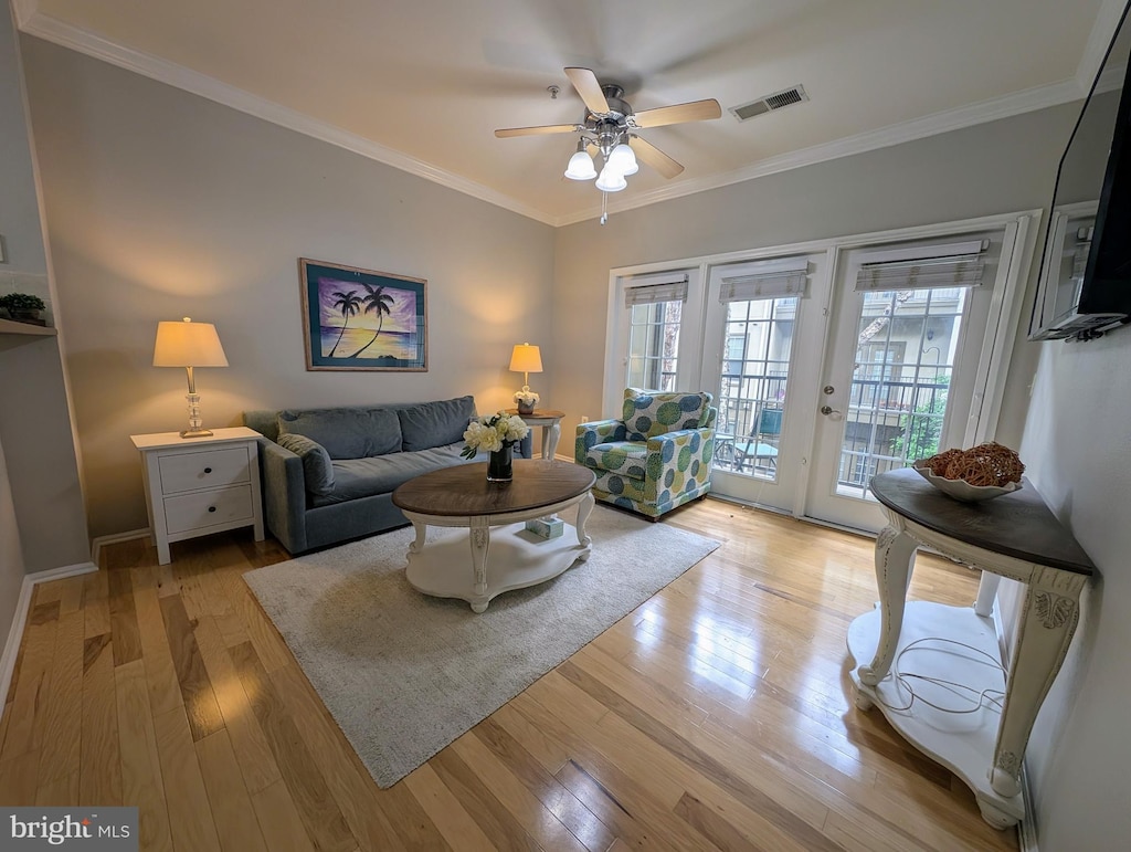 11800 Old Georgetown Rd Unit 1323, North Bethesda, MD 20852 - living room with ceiling fan, light wood finished floors, ornamental molding, and baseboards