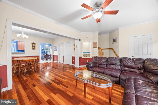 139 Flora Vista Ln, Woodstock, VA 22664 - living room featuring wood finished floors, ceiling fan, crown molding, and a chandelier