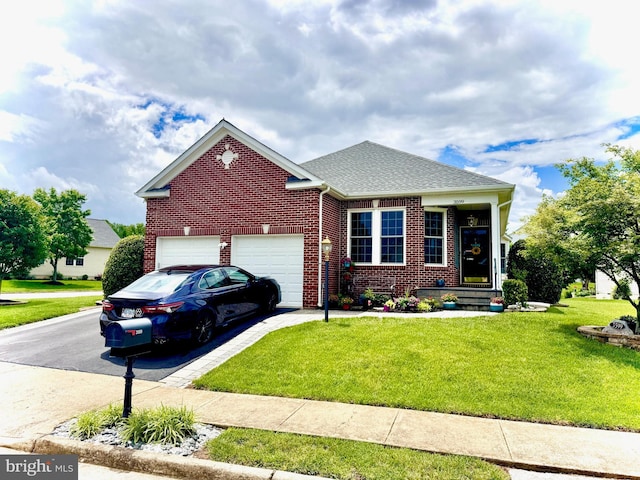 3599 Sutherland Ct, Warrenton, VA 20187 - view of front of property with driveway, brick siding, a front lawn, a garage, and a shingled roof