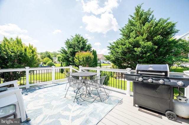 3599 Sutherland Ct, Warrenton, VA 20187 - wooden terrace with a grill, outdoor dining area, and a yard
