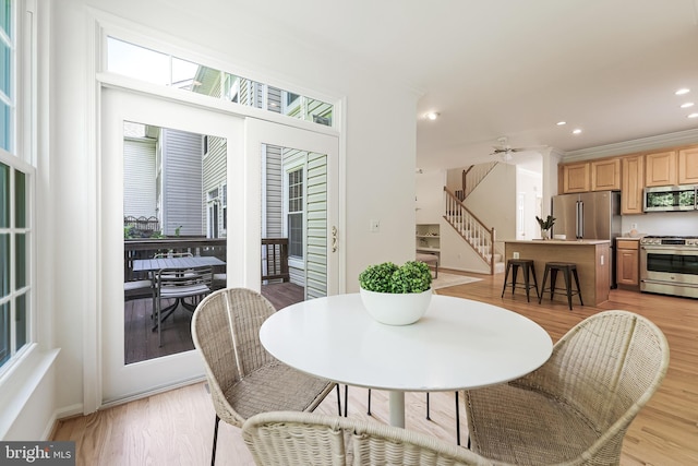 1251 Wild Hawthorn Way, Reston, VA 20194 - dining space with stairway, light wood-style flooring, a ceiling fan, recessed lighting, and baseboards