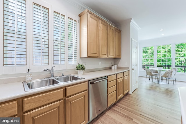 1251 Wild Hawthorn Way, Reston, VA 20194 - kitchen featuring a sink, stainless steel dishwasher, crown molding, light countertops, and light wood-type flooring