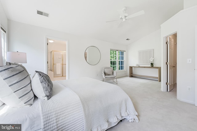 1251 Wild Hawthorn Way, Reston, VA 20194 - bedroom with light colored carpet, vaulted ceiling, ceiling fan, baseboards, and ensuite bathroom
