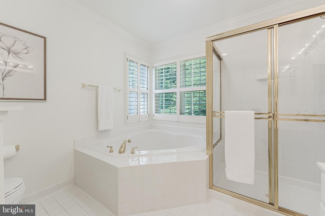 1251 Wild Hawthorn Way, Reston, VA 20194 - full bathroom with tile patterned floors, toilet, a bath, a stall shower, and crown molding