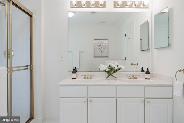 1251 Wild Hawthorn Way, Reston, VA 20194 - bathroom featuring double vanity, a shower stall, and ornamental molding